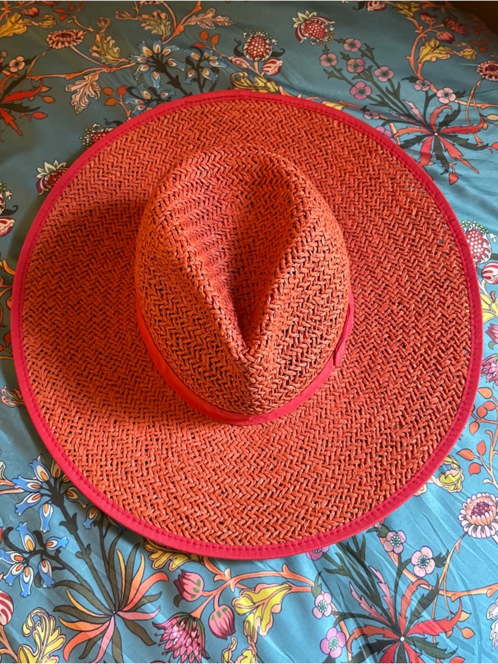 Wide Brim Straw Sun Hat with Deep Coral Trim - Coral
